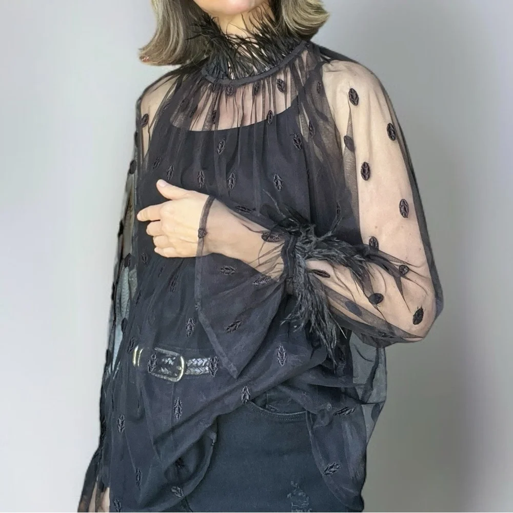 Anthropologie Rdalamal Black Ruffled Sheer Blouse Long Sleeve Feather Trim New M - Picture 2 of 13